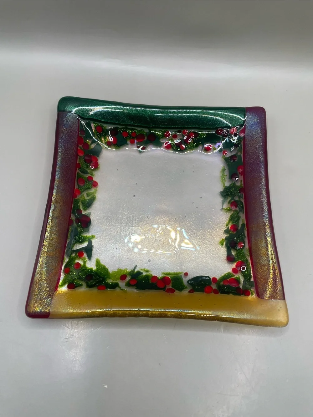 VTG Signed Freeburn 1999 Fused Glass 5.75x5.75” Trinket Dish Holly Christmas